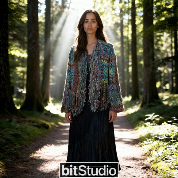 My Fairy Forrest Brown Green Turquoise Granny Square Super Fringe Sweater L/XL - Picture 3 of 16